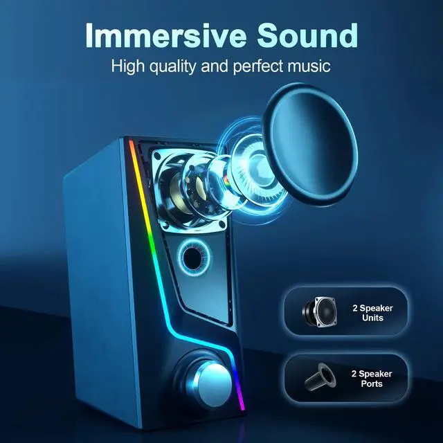 Alt view image 8 of 12 - Computer Speakers, PC Speakers with 6 Lighting Modes, USB Powered Computer Speakers for Desktop PC with 2 Bass-Boost Ports, 2 Speaker Units, and 3.5mm Aux-in for PC, Laptop, Monitor, Gaming