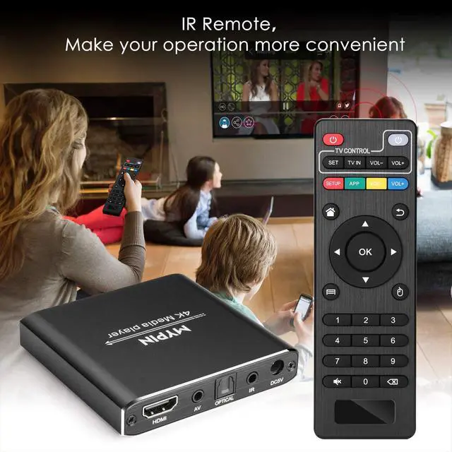 Alt view image 14 of 14 - 4K Media Player with Remote Control, Digital MP4 Player for 8TB HDD/USB Drive/TF Card/H.265 MP4 PPT MKV AVI Support HDMI/AV/Optical Out and USB Mouse/Keyboard-HDMI up to 7.1 Surround Sound (Black)