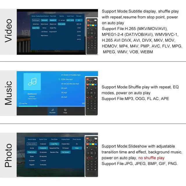 Alt view image 11 of 14 - 4K Media Player with Remote Control, Digital MP4 Player for 8TB HDD/USB Drive/TF Card/H.265 MP4 PPT MKV AVI Support HDMI/AV/Optical Out and USB Mouse/Keyboard-HDMI up to 7.1 Surround Sound (Grey)