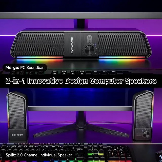 Alt view image 9 of 14 - CS20 2 in 1 Bluetooth Computer Speakers for Desktop, USB Plug & Play Clear Sound PC Speakers with RGB Light, Monitor Sound Bar with Volume Knob, Gaming Speaker for PC Laptop Phone Tablet