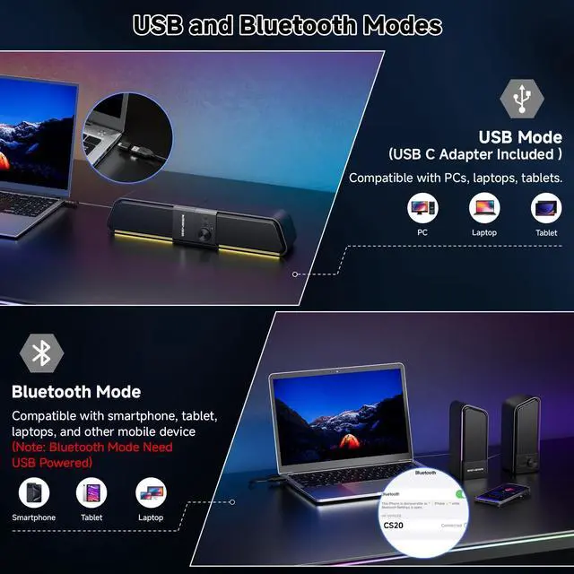 Alt view image 11 of 14 - CS20 2 in 1 Bluetooth Computer Speakers for Desktop, USB Plug & Play Clear Sound PC Speakers with RGB Light, Monitor Sound Bar with Volume Knob, Gaming Speaker for PC Laptop Phone Tablet