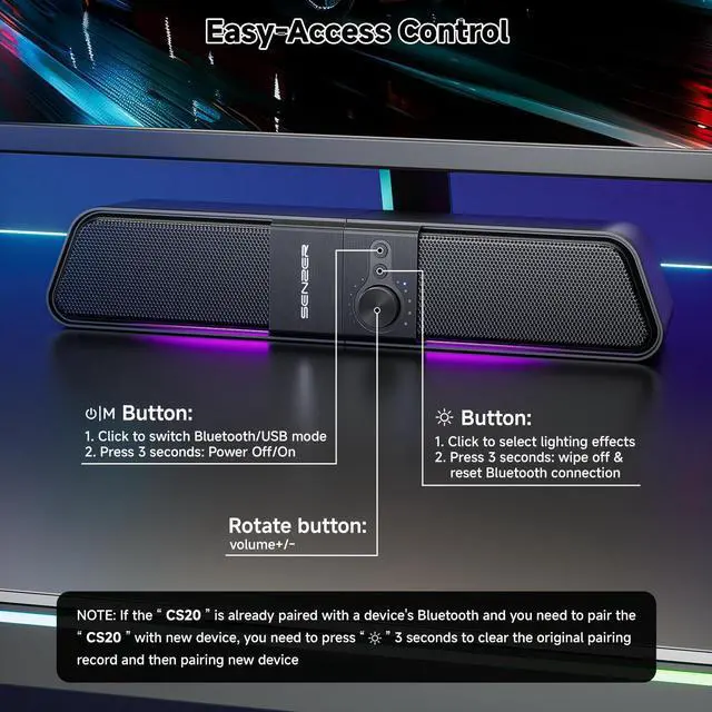 Alt view image 14 of 14 - CS20 2 in 1 Bluetooth Computer Speakers for Desktop, USB Plug & Play Clear Sound PC Speakers with RGB Light, Monitor Sound Bar with Volume Knob, Gaming Speaker for PC Laptop Phone Tablet