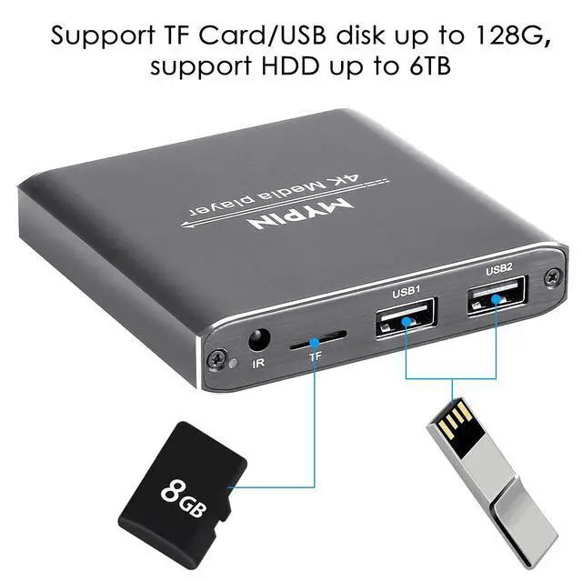 Alt view image 10 of 14 - 4K Media Player with Remote Control, Digital MP4 Player for 8TB HDD/USB Drive/TF Card/H.265 MP4 PPT MKV AVI Support HDMI/AV/Optical Out and USB Mouse/Keyboard-HDMI up to 7.1 Surround Sound (Grey)