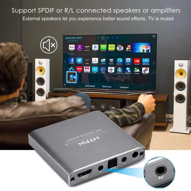 Alt view image 14 of 14 - 4K Media Player with Remote Control, Digital MP4 Player for 8TB HDD/USB Drive/TF Card/H.265 MP4 PPT MKV AVI Support HDMI/AV/Optical Out and USB Mouse/Keyboard-HDMI up to 7.1 Surround Sound (Grey)