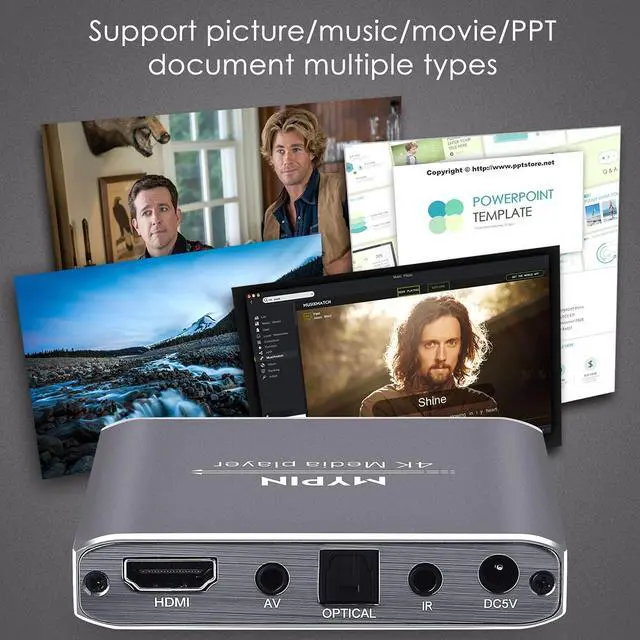 Alt view image 13 of 14 - 4K Media Player with Remote Control, Digital MP4 Player for 8TB HDD/USB Drive/TF Card/H.265 MP4 PPT MKV AVI Support HDMI/AV/Optical Out and USB Mouse/Keyboard-HDMI up to 7.1 Surround Sound (Grey)