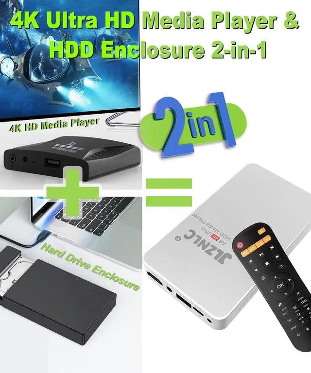 Alt view image 12 of 14 - 4K Ultra HD Media Player & HDD Enclosure 2-in-1,Digital Signage, Play H.265/HEVC H.264/AVC MP4 MKV Videos,MP3 Music,JPG Photos,Auto Playback and Resume,Supports HDDs,USB/MicroSD,4k HDMI,Analog AV.