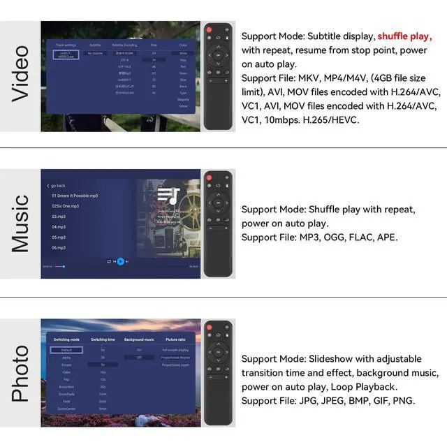Alt view image 11 of 14 - Updated 4K@30hz HDMI TV Media Player with HDMI/AV/VGA Output, Digital MP4 Player for 14TB HDD/ 256G USB Drive/SD Card/H.265 MP4, with Remote Control for MP3 AVI RMVB MPEG etc