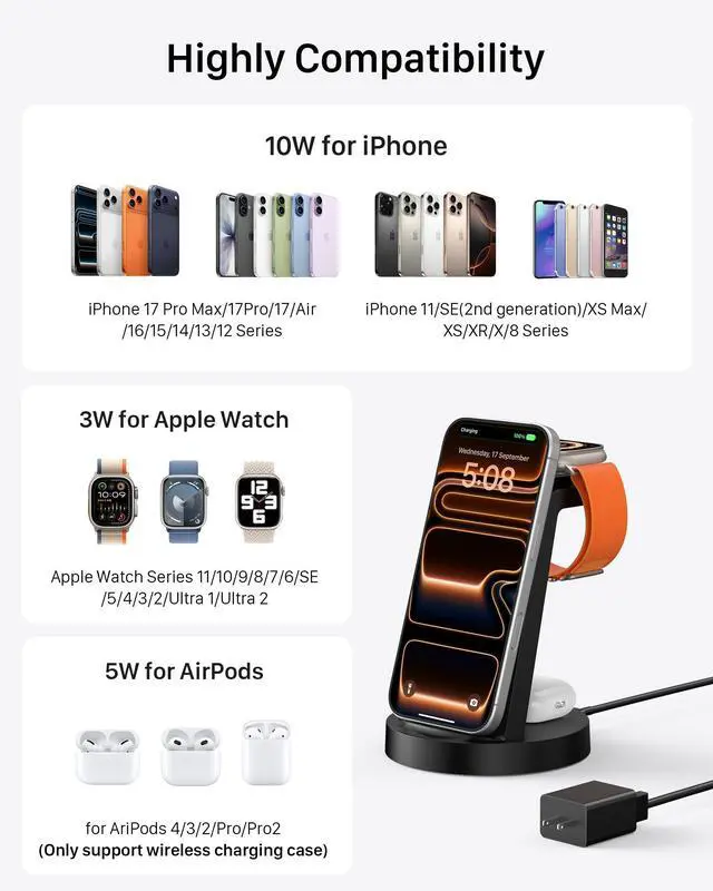Alt view image 11 of 14 - 3 in 1 Charging Station for iPhone, Wireless Charger for iPhone 17 16e 16 15 14 13 12 11 X Pro Max & Apple Watch - Wireless Charging Station for AirPods 4 3 Pro