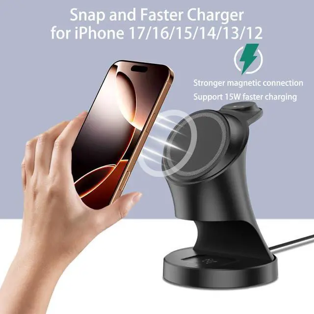 Alt view image 9 of 14 - Wireless Charger,3 in 1 Magnetic Wireless Charger Stand, Fast Wireless Charging Dock for iPhone17/16/15/14/13/12 Series, Apple Watch Series, AirPods Pro.