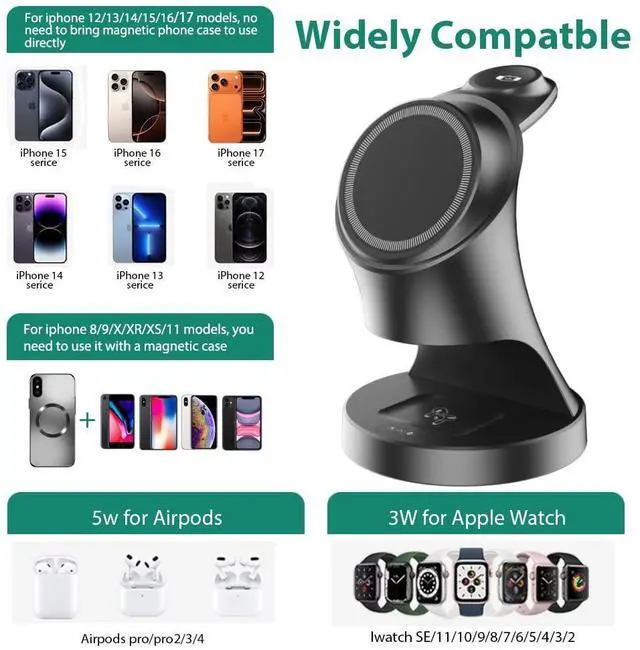 Alt view image 11 of 14 - Wireless Charger,3 in 1 Magnetic Wireless Charger Stand, Fast Wireless Charging Dock for iPhone17/16/15/14/13/12 Series, Apple Watch Series, AirPods Pro.