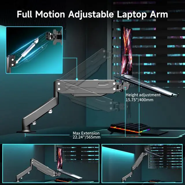 Alt view image 4 of 7 - 2 in 1 Laptop Desk Mount with Gas Spring Arm | Monitor Laptop Stand for 12-17" Notebook and 13-32" Computer Screen,Full Motion with Vented Tray, Holds 22lbs