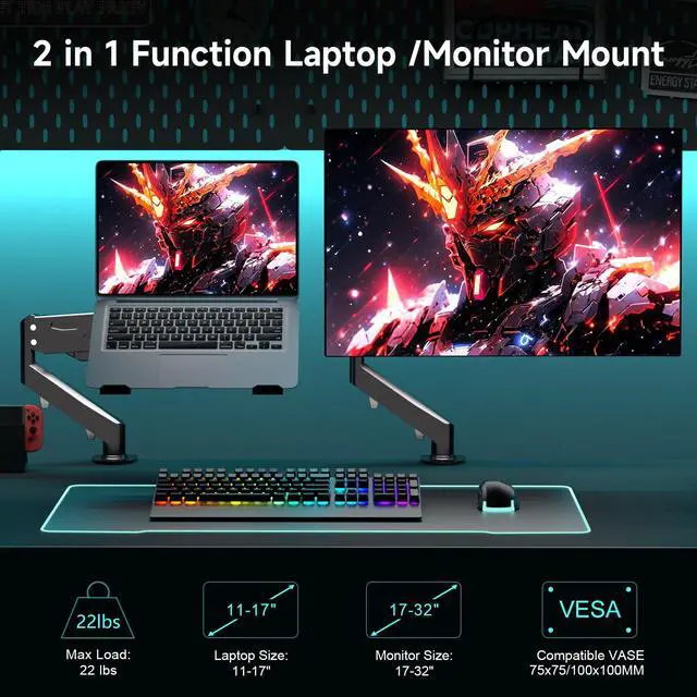 Alt view image 2 of 7 - 2 in 1 Laptop Desk Mount with Gas Spring Arm | Monitor Laptop Stand for 12-17" Notebook and 13-32" Computer Screen,Full Motion with Vented Tray, Holds 22lbs
