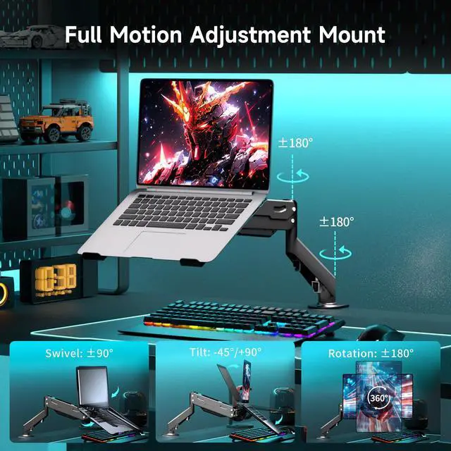 Alt view image 3 of 7 - 2 in 1 Laptop Desk Mount with Gas Spring Arm | Monitor Laptop Stand for 12-17" Notebook and 13-32" Computer Screen,Full Motion with Vented Tray, Holds 22lbs