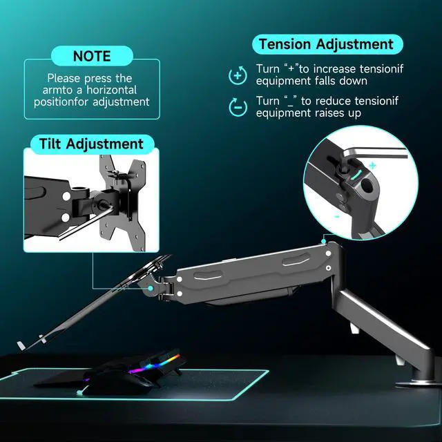 Alt view image 7 of 7 - 2 in 1 Laptop Desk Mount with Gas Spring Arm | Monitor Laptop Stand for 12-17" Notebook and 13-32" Computer Screen,Full Motion with Vented Tray, Holds 22lbs