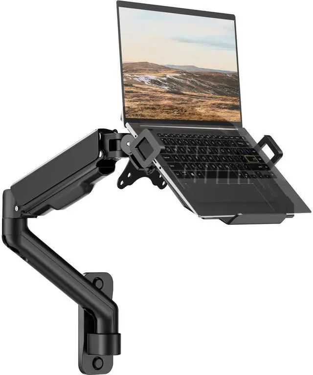 Main image of 2-in-1 Laptop Wall Mount with Detachable Tray | Gas Spring Adjustable Arm for 12-17 Inch Laptops & Monitors | Full Motion Articulating Stand | Holds 2.2-19.8 lbs (Black)