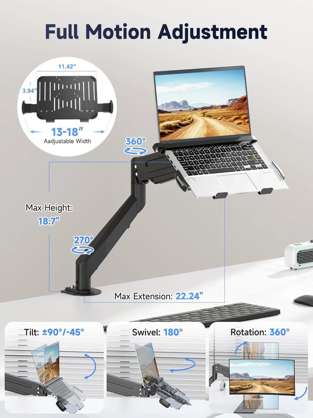 Alt view image 3 of 7 - Laptop Desk Mount,Fully Adjustable Monitor and Laptop Mount Stand for 13-18 Inch Notebook and 17-35 inch Monitor Screen,Holds 24.25lbs with Vented Tray