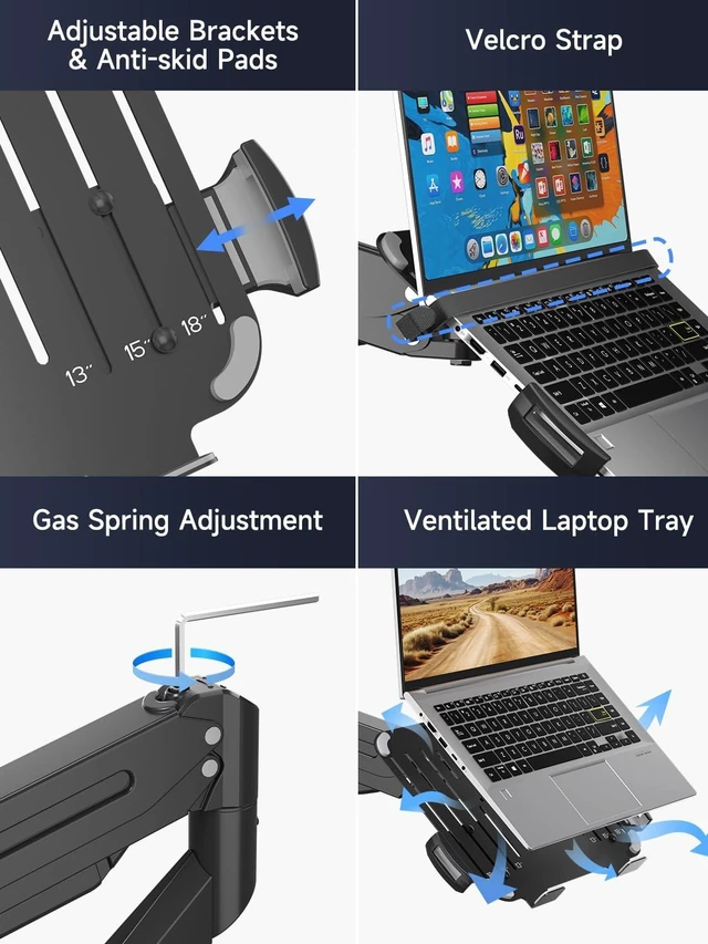 Alt view image 4 of 7 - Laptop Desk Mount,Fully Adjustable Monitor and Laptop Mount Stand for 13-18 Inch Notebook and 17-35 inch Monitor Screen,Holds 24.25lbs with Vented Tray