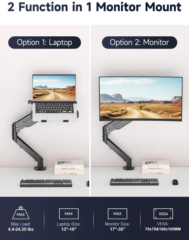 Alt view image 2 of 7 - Laptop Desk Mount,Fully Adjustable Monitor and Laptop Mount Stand for 13-18 Inch Notebook and 17-35 inch Monitor Screen,Holds 24.25lbs with Vented Tray