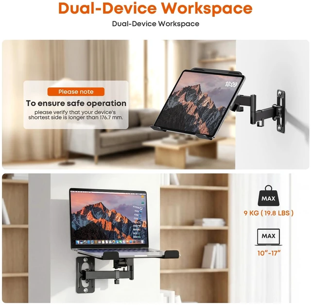 Alt view image 2 of 7 - PUTORSEN 2-in-1 Laptop Wall Mount for 10-17" Notebooks & 32" Screens | Full Motion Adjustable Laptop Arm with Detachable Tray, Holds 4.4-19.8 lbs, Swivel & Tilt, Easy to Install, Black
