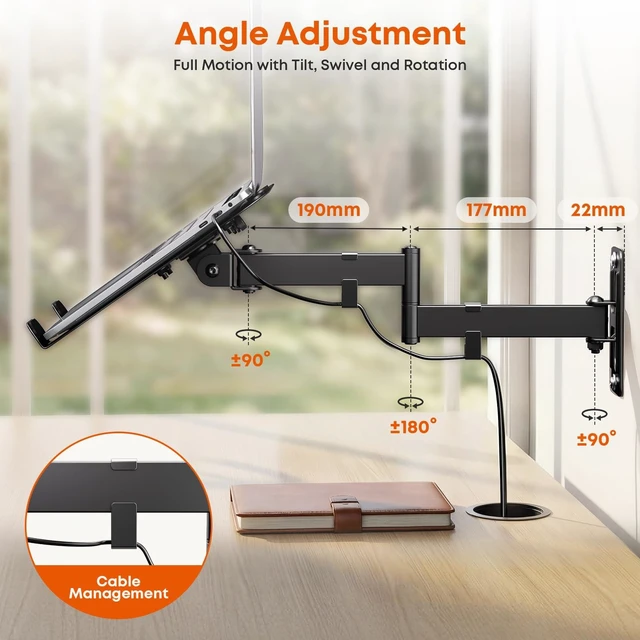 Alt view image 3 of 7 - PUTORSEN 2-in-1 Laptop Wall Mount for 10-17" Notebooks & 32" Screens | Full Motion Adjustable Laptop Arm with Detachable Tray, Holds 4.4-19.8 lbs, Swivel & Tilt, Easy to Install, Black