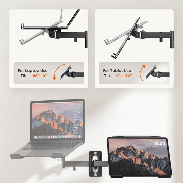 Alt view image 4 of 7 - PUTORSEN 2-in-1 Laptop Wall Mount for 10-17" Notebooks & 32" Screens | Full Motion Adjustable Laptop Arm with Detachable Tray, Holds 4.4-19.8 lbs, Swivel & Tilt, Easy to Install, Black