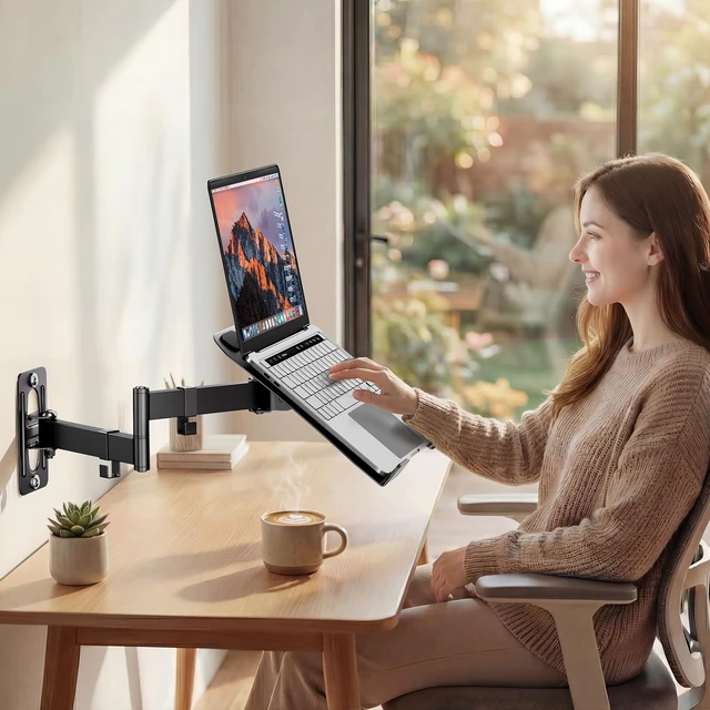 Alt view image 7 of 7 - PUTORSEN 2-in-1 Laptop Wall Mount for 10-17" Notebooks & 32" Screens | Full Motion Adjustable Laptop Arm with Detachable Tray, Holds 4.4-19.8 lbs, Swivel & Tilt, Easy to Install, Black