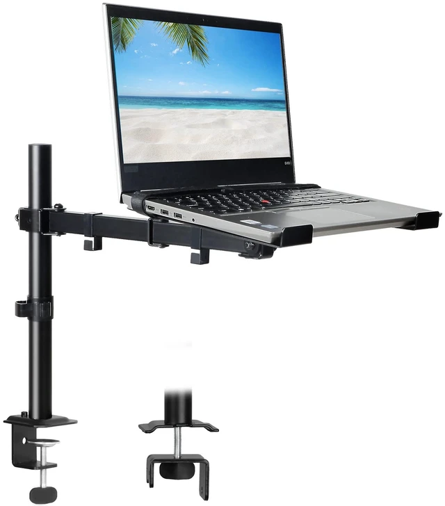 Main image of Black Laptop Desk Mount for 17 inch Notebook or 14-32 Monitor Single Laptop Stand Arm with Vented Tray Holds up to 17.6 lbs, Fully Adjustable, Clamp/Grommet Mounting, VESA 75/100mm