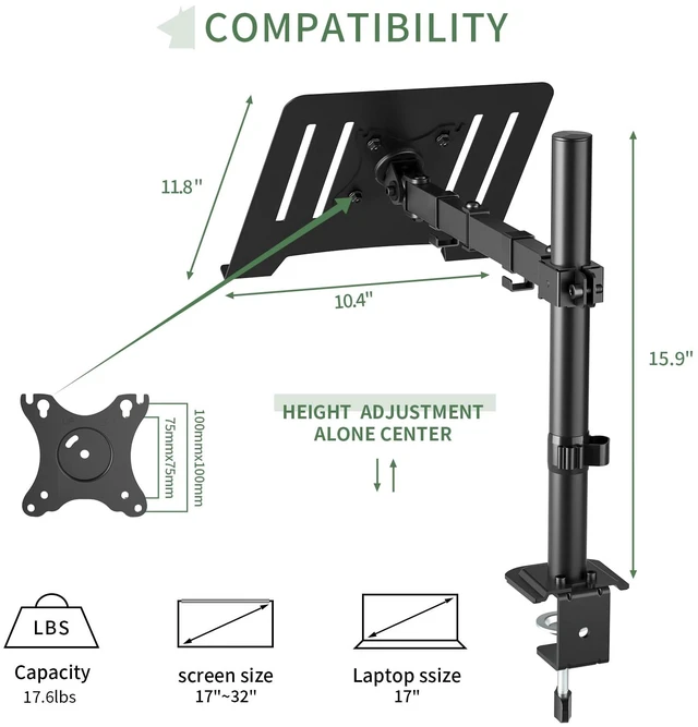 Alt view image 2 of 7 - Black Laptop Desk Mount for 17 inch Notebook or 14-32 Monitor Single Laptop Stand Arm with Vented Tray Holds up to 17.6 lbs, Fully Adjustable, Clamp/Grommet Mounting, VESA 75/100mm