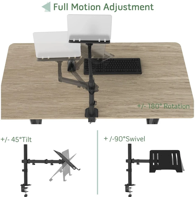 Alt view image 3 of 7 - Black Laptop Desk Mount for 17 inch Notebook or 14-32 Monitor Single Laptop Stand Arm with Vented Tray Holds up to 17.6 lbs, Fully Adjustable, Clamp/Grommet Mounting, VESA 75/100mm