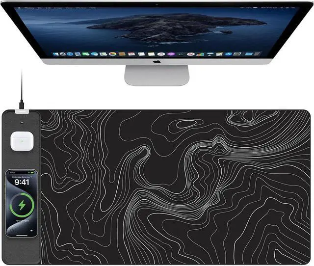 Alt view image 8 of 14 - Mouse Pad with 15W Fast Wireless Charging, 31.5"x15.75" XXL Large Gaming Waterproof Desk Pad with Ultra-Smooth Surface, Non-Slip Base, Computer Desk Mat, Black Topographic Map #2