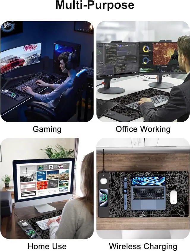 Alt view image 10 of 14 - Mouse Pad with 15W Fast Wireless Charging, 31.5"x15.75" XXL Large Gaming Waterproof Desk Pad with Ultra-Smooth Surface, Non-Slip Base, Computer Desk Mat for MacBook, PC, Laptop, Black