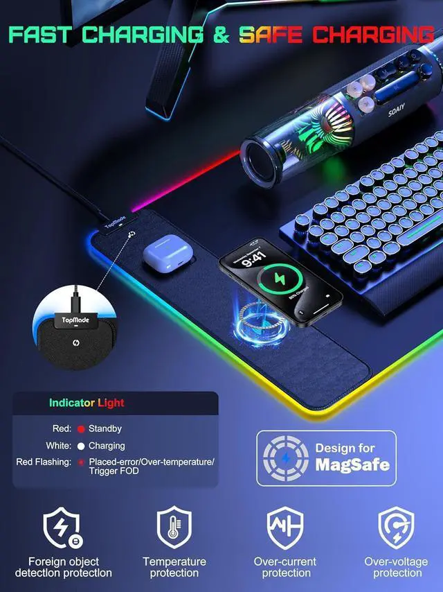 Alt view image 9 of 14 - Wireless Charging RGB Mouse Pad, Waterproof Gaming Desk Mat with 4 Light Modes & 11 RGB Colors, 31.5"x15.75" XXL Large Desk Pad(Includes 20W PD Power Adapter & 6.56ft Woven Cable)