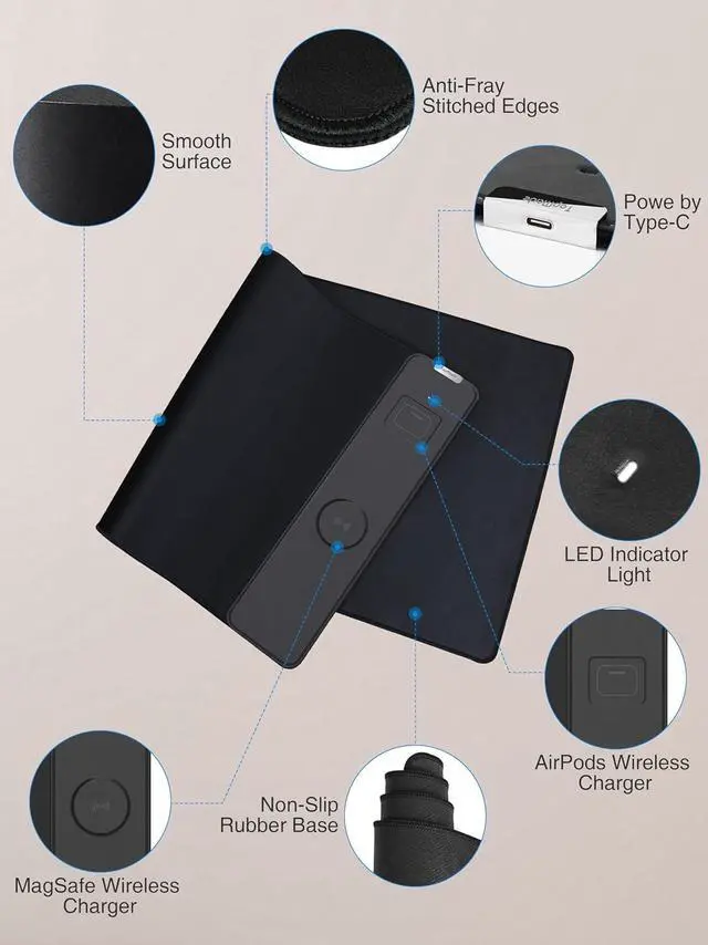 Alt view image 9 of 14 - Mouse Pad with 15W Wireless Charging, Waterproof Gaming Mousepad with Ultra-Smooth Surface, Non-Slip Base, 31.5"x15.75" XXL Large Desk Pad (Includes 20W PD Power Adapter & 6.56ft Woven Cable)