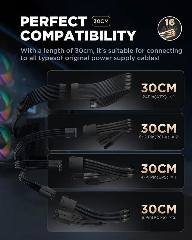 Alt view image 14 of 14 - 16AWG PSU Cable Extension Power Cords, Customized Power Supply Mod Sleeve Extension Cable, ATX/EPS/8-pin PCI-E/6-pin PCI-E for PSU Cable