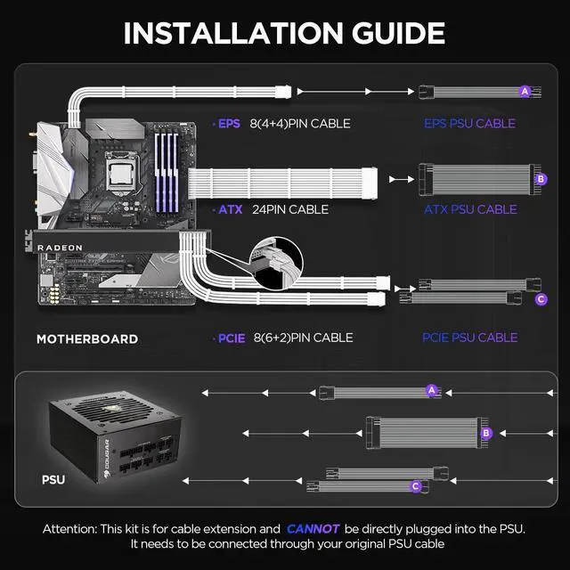 Alt view image 9 of 14 - 16AWG PSU Cable Extension Sleeved Custom Mod GPU PC Audio Video Power Supply Soft Braided Cables with Two Color Comb Kit 24P/8P to 6+2P/ 8P to 4+4P 30CM