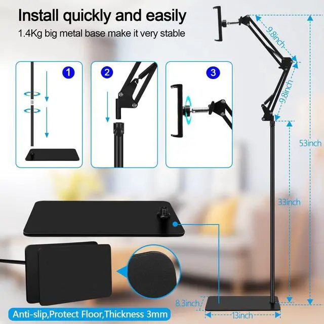 Alt view image 12 of 14 - Tablet Floor Stand, Adjustable Universal 360-degree Rotatable Metal Tablet Holder, Phone Stand for iPad/iPhoneX/iPad Pro or Other 4.7~12.9 Inch-Screen Devices (Black)