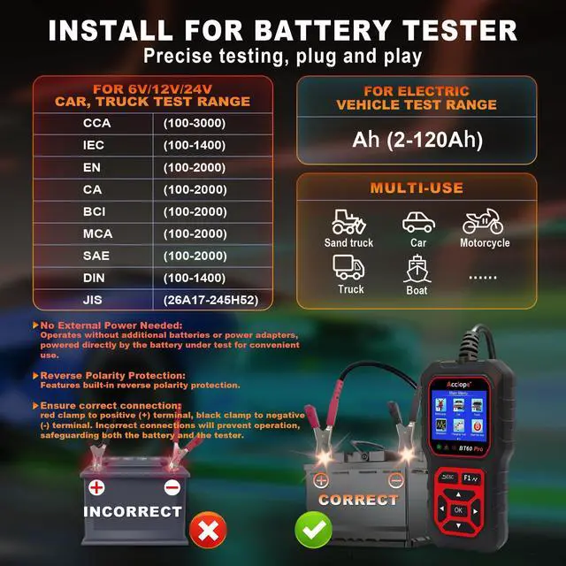 Alt view image 10 of 14 - BT60 PRO Car Battery Tester 6V/12V/24V, 2120Ah, 1003000 CCA, AGM/Gel/Lithium, Digital Analyzer, QR Cloud Report (No App), Alternator & Starter/Charging System