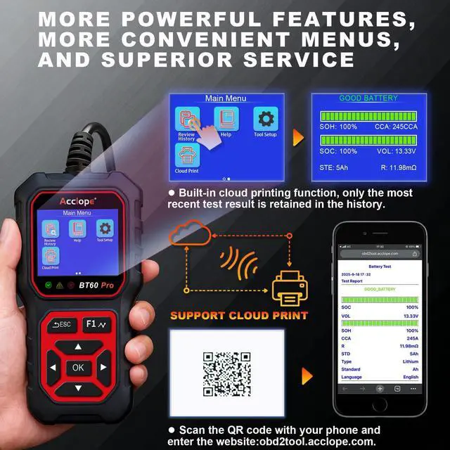 Alt view image 13 of 14 - BT60 PRO Car Battery Tester 6V/12V/24V, 2120Ah, 1003000 CCA, AGM/Gel/Lithium, Digital Analyzer, QR Cloud Report (No App), Alternator & Starter/Charging System