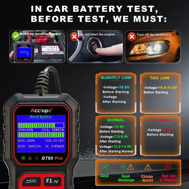 Alt view image 14 of 14 - BT60 PRO Car Battery Tester 6V/12V/24V, 2120Ah, 1003000 CCA, AGM/Gel/Lithium, Digital Analyzer, QR Cloud Report (No App), Alternator & Starter/Charging System
