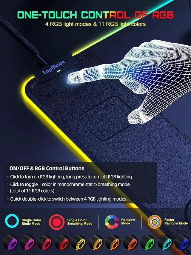 Alt view image 14 of 14 - Wireless Charging RGB Mouse Pad, Waterproof Gaming Desk Mat with 4 Light Modes & 11 RGB Colors, 31.5"x15.75" XXL Large Desk Pad(Includes 20W PD Power Adapter & 6.56ft Woven Cable)