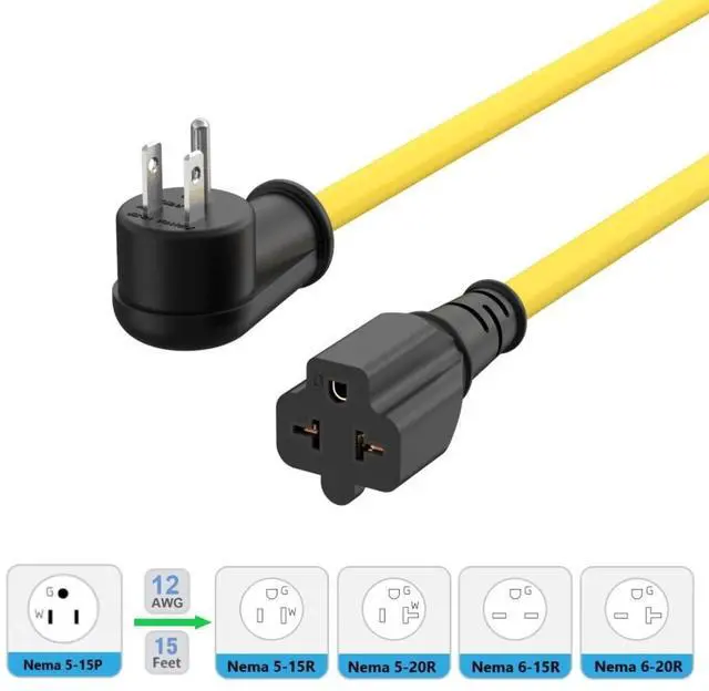 Alt view image 9 of 14 - 15-Ft 12AWG 90-Degree 15Amp to 20Amp Extension-Cable,Right-Angle 15 Amp Household Plug to 20-Amp Extension Cord,Nema 5-15P to 5-20R,5-15P to 6-15R/20R,15A 125V to 20A Angled AC Power Cord