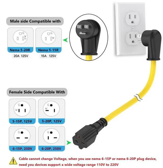 Alt view image 11 of 14 - 6FT Heavy Duty 15Amp Right-Angle Extention Cable, 12AWG 90-Degree 15 Amp Household Plug to 20 Amp T Blade Adapter cord, Nema 5-15P to 5-20R,5-15P to 6-15R/20R, 125V 15A to 20A AC Power Cable Extension