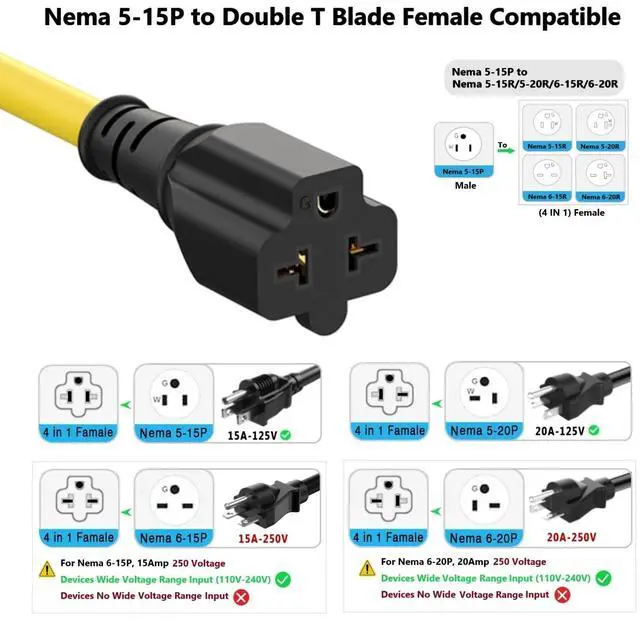 Alt view image 12 of 14 - 6FT Heavy Duty 15Amp Right-Angle Extention Cable, 12AWG 90-Degree 15 Amp Household Plug to 20 Amp T Blade Adapter cord, Nema 5-15P to 5-20R,5-15P to 6-15R/20R, 125V 15A to 20A AC Power Cable Extension