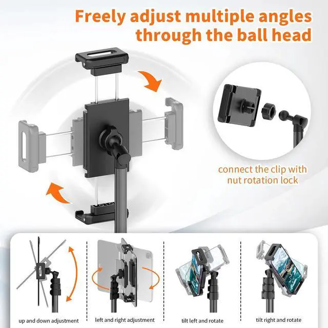 Alt view image 10 of 14 - 72in Tablet Floor Stand Tripod,Tablet Stand Floor with 360° Ball Head,Height Adjustable Floor Stand Holder with Case,Tall Tripod for Phone/Music/Stream/Recording and All 4.7-13 Devices