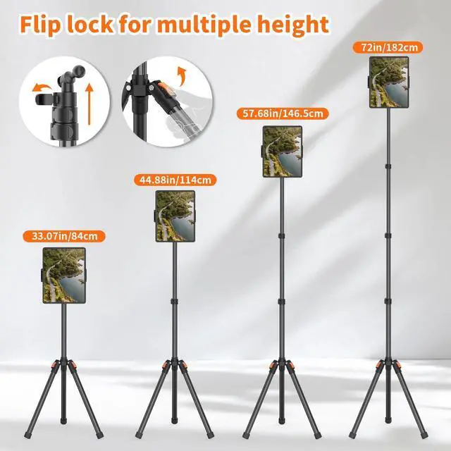 Alt view image 12 of 14 - 72in Tablet Floor Stand Tripod,Tablet Stand Floor with 360° Ball Head,Height Adjustable Floor Stand Holder with Case,Tall Tripod for Phone/Music/Stream/Recording and All 4.7-13 Devices