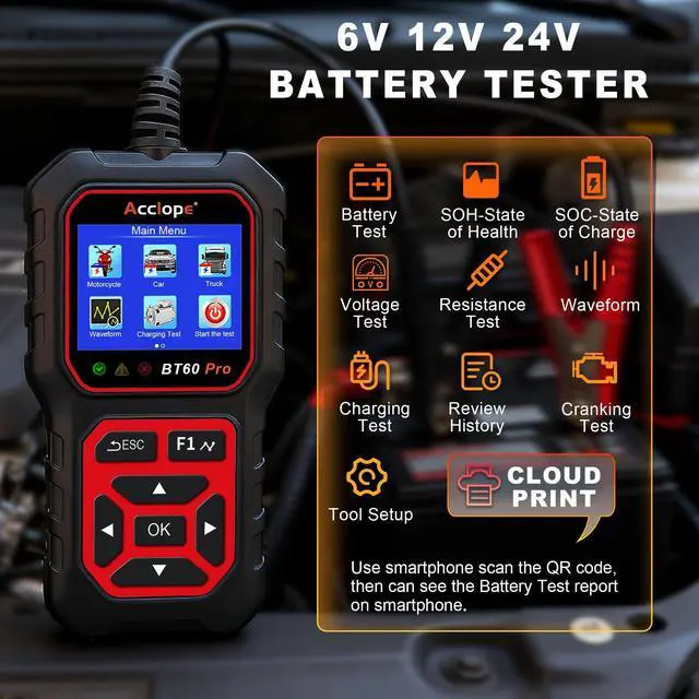 Alt view image 9 of 14 - BT60 PRO Car Battery Tester 6V/12V/24V, 2120Ah, 1003000 CCA, AGM/Gel/Lithium, Digital Analyzer, QR Cloud Report (No App), Alternator & Starter/Charging System