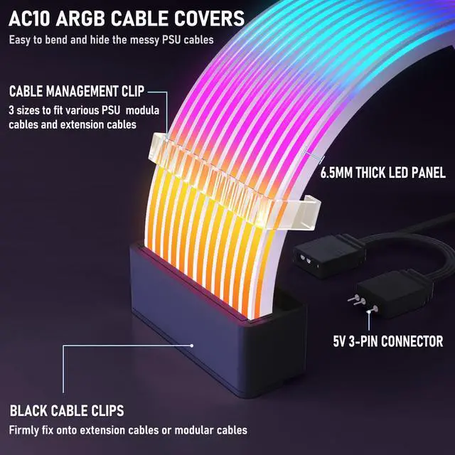 Alt view image 10 of 14 - RGB Cables Cover Kit, Flex Power Cable Cover for 24-Pin Motherboard and 8-Pin/16-Pin GPU, ARGB PSU Cable Extension with 5V 3-Pin Sync for PC Case Decoration, Black