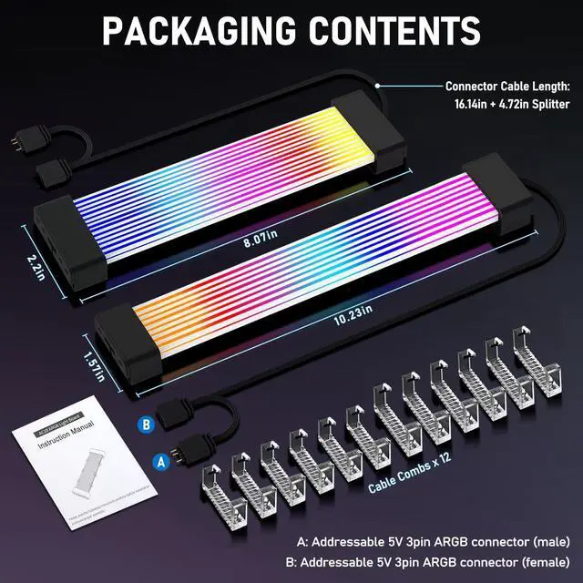Alt view image 13 of 14 - RGB Cables Cover Kit, Flex Power Cable Cover for 24-Pin Motherboard and 8-Pin/16-Pin GPU, ARGB PSU Cable Extension with 5V 3-Pin Sync for PC Case Decoration, Black