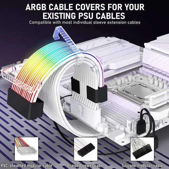 Alt view image 11 of 14 - RGB Cables Cover Kit, Flex Power Cable Cover for 24-Pin Motherboard and 8-Pin/16-Pin GPU, ARGB PSU Cable Extension with 5V 3-Pin Sync for PC Case Decoration, Black