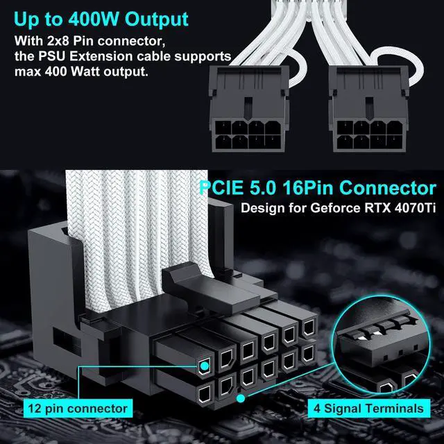 Alt view image 10 of 14 - 16Pin Right Angled RTX 4070 Ti GPU Power Extension Cable, PCIE 5.0 16Pin Male to 2x8Pin Female 12VHPWR 90 Degree GPU Power Adapter Cable for Geforce RTX 4070 5080 5070Ti-13 inch White